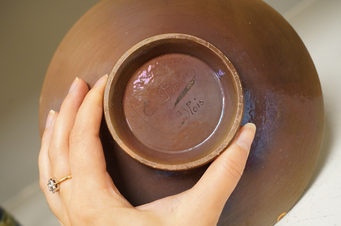 E. Balon, a Blois lustre stylised tulip dish, signed, 20cm diameter. Condition - fair to good, minor chipping to the rim